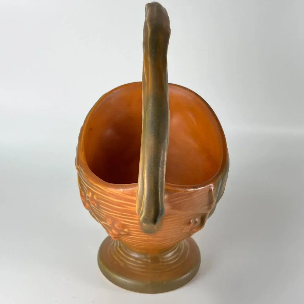 Vtg Roseville Basket Bushberry Branch Handle Russet Ceramic 40s Marked 369 6 1/2